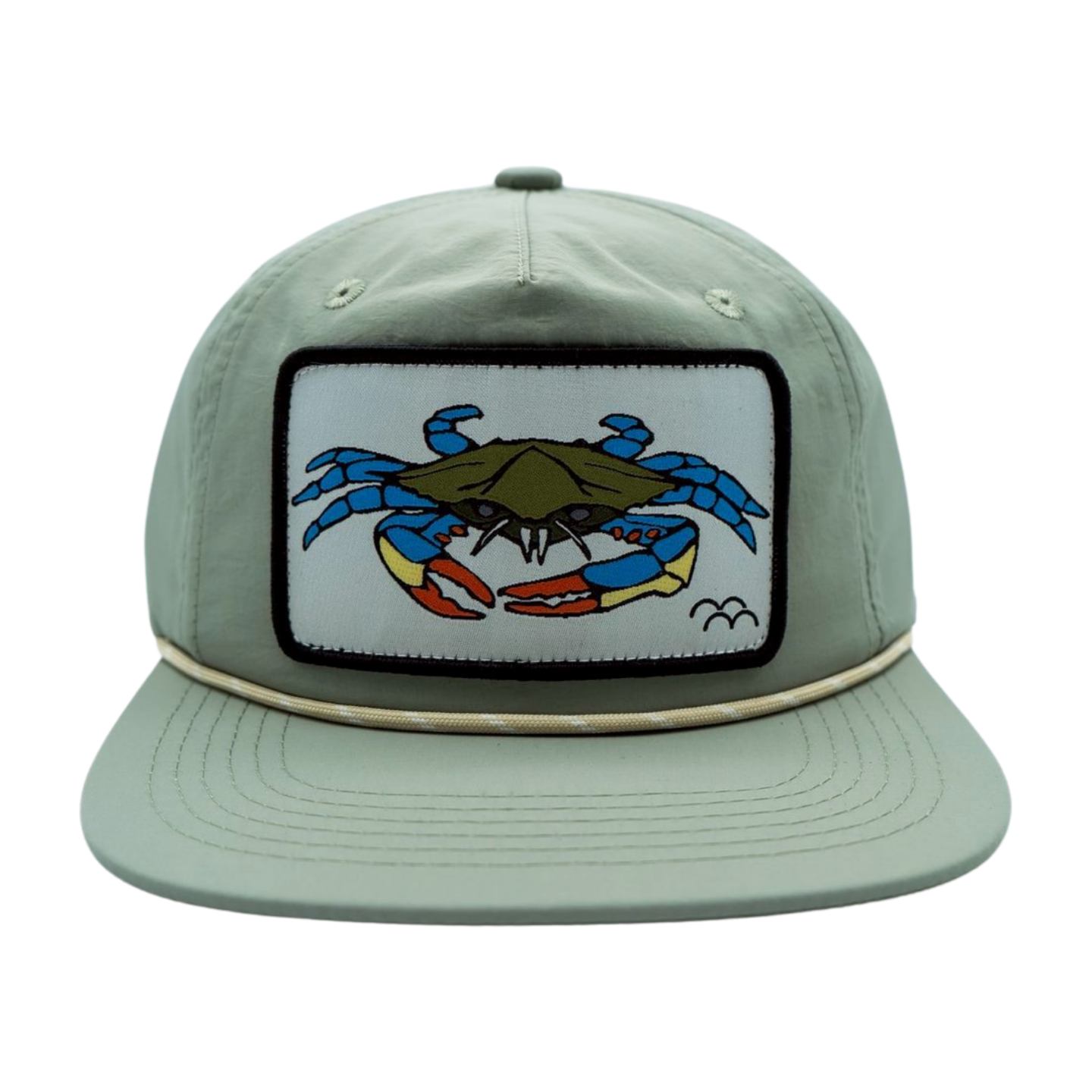 Light green snapback cap with embroidered blue crab patch on front panel and tan rope trim