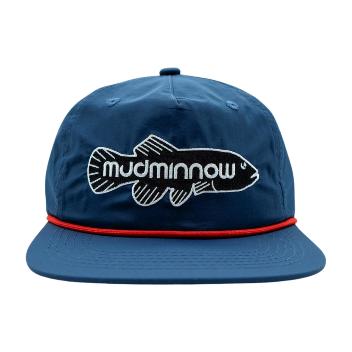 Mudminnow Coastie blue snapback hat with embroidered fish logo and red rope trim