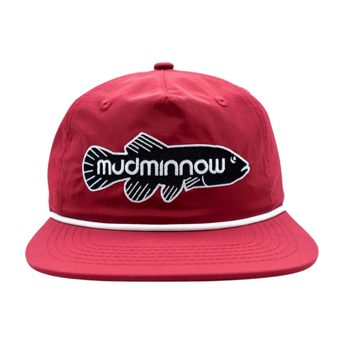 Maroon snapback cap with black embroidered fish logo reading 'mudminnow' and white rope trim