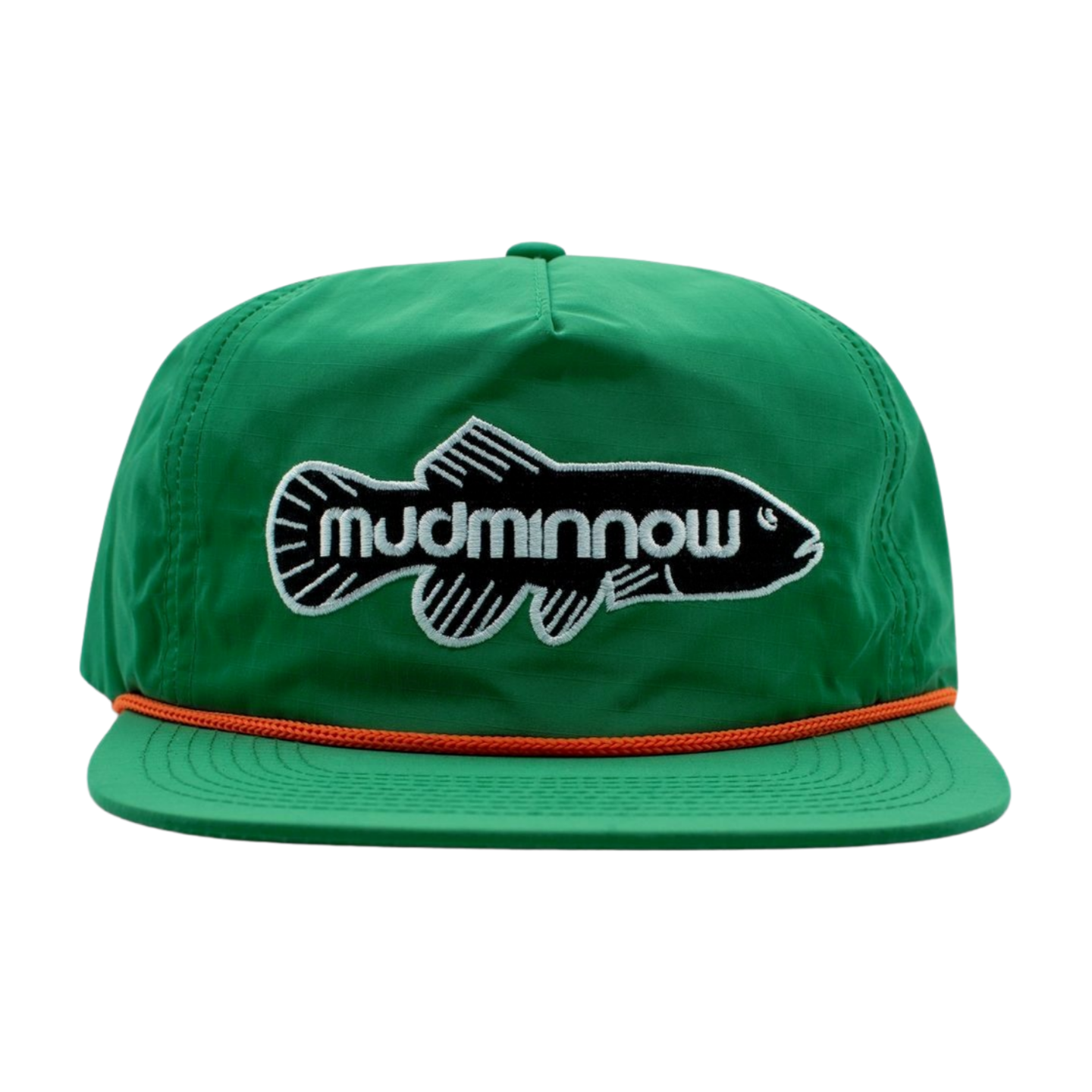 Green 5-panel snapback hat with black and white embroidered fish logo and orange rope detail