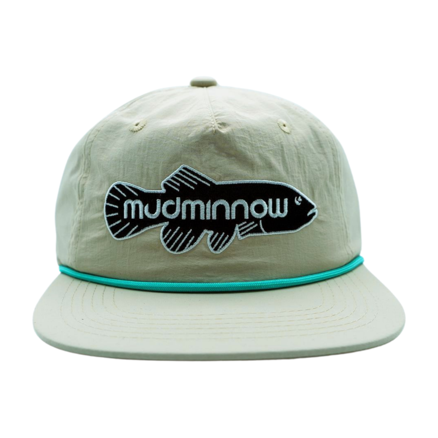 Mudminnow sand and teal snapback hat with black embroidered mudminnow fish logo and teal rope band