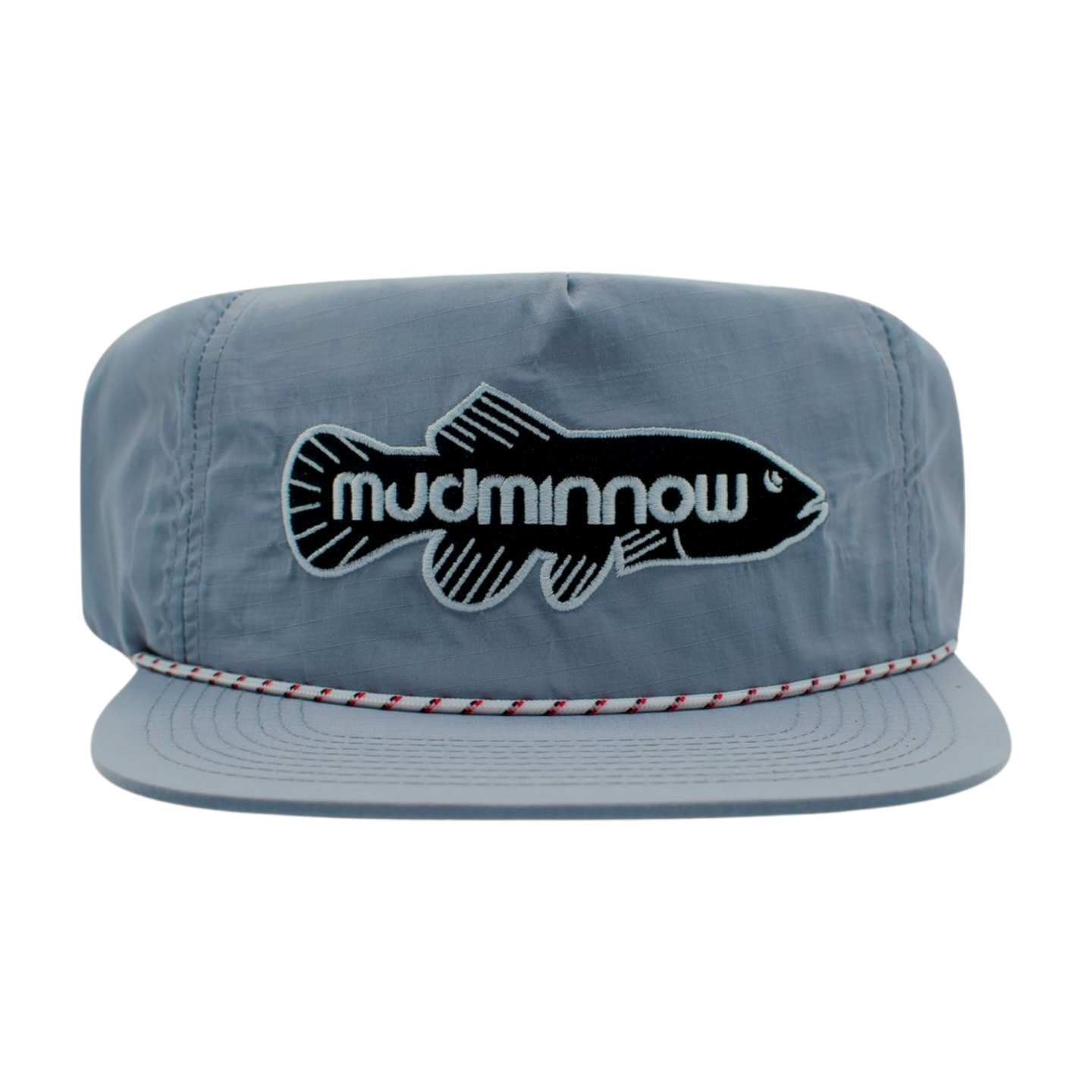 Strato Blue 5-panel snapback hat with black fish logo, rope trim, recycled nylon construction