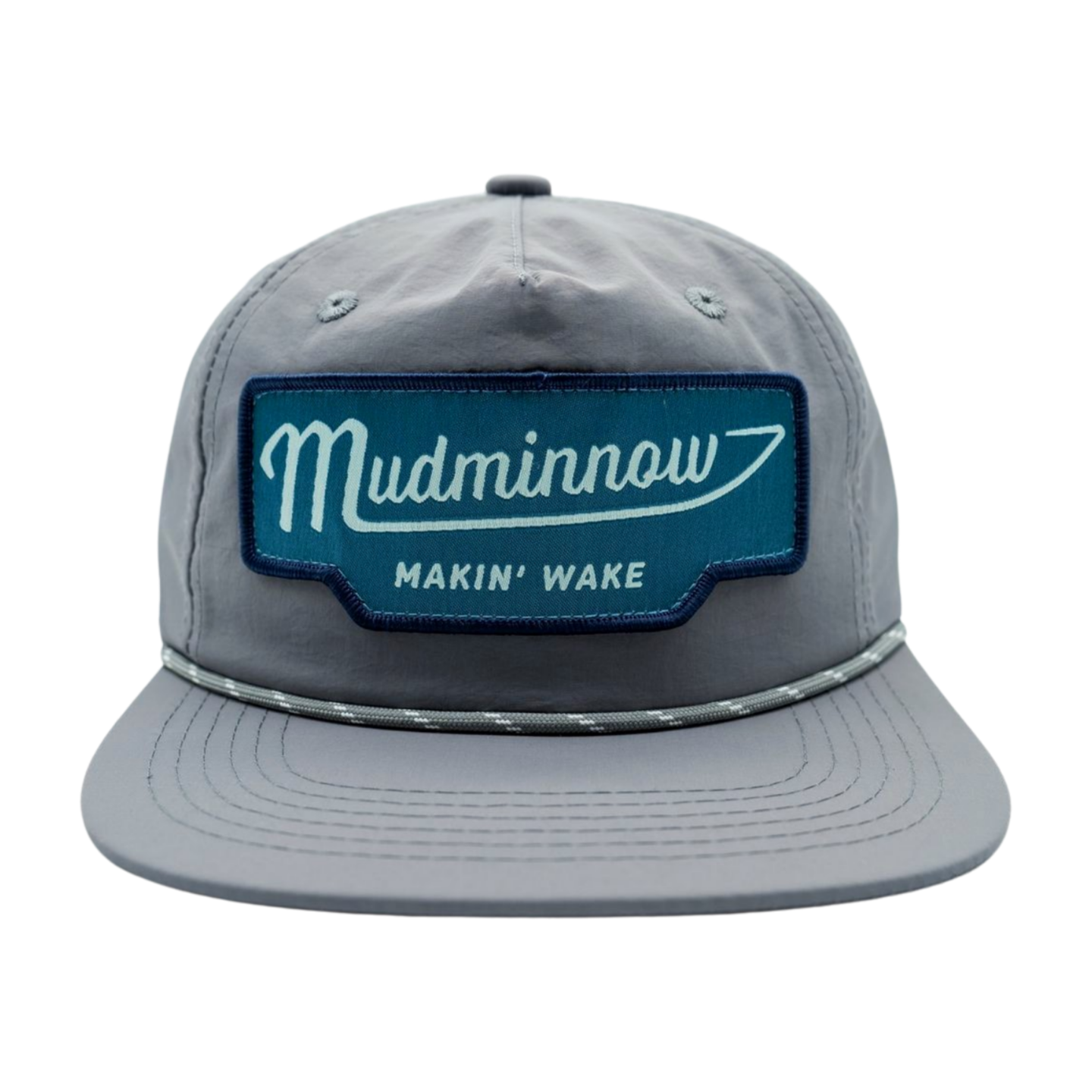 Gray snapback hat with teal woven patch, white 'Mudminnow' script and 'MAKIN' WAKE' text
