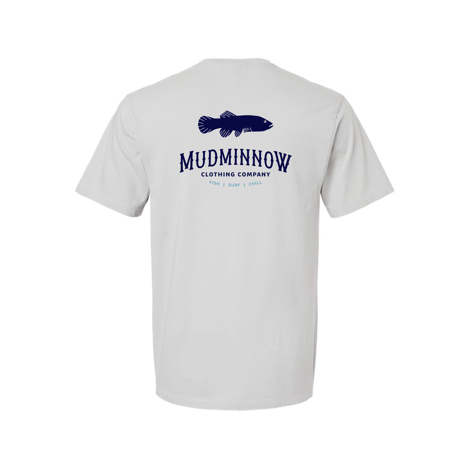 White t-shirt with navy fish logo and Mudminnow Clothing Company text on back