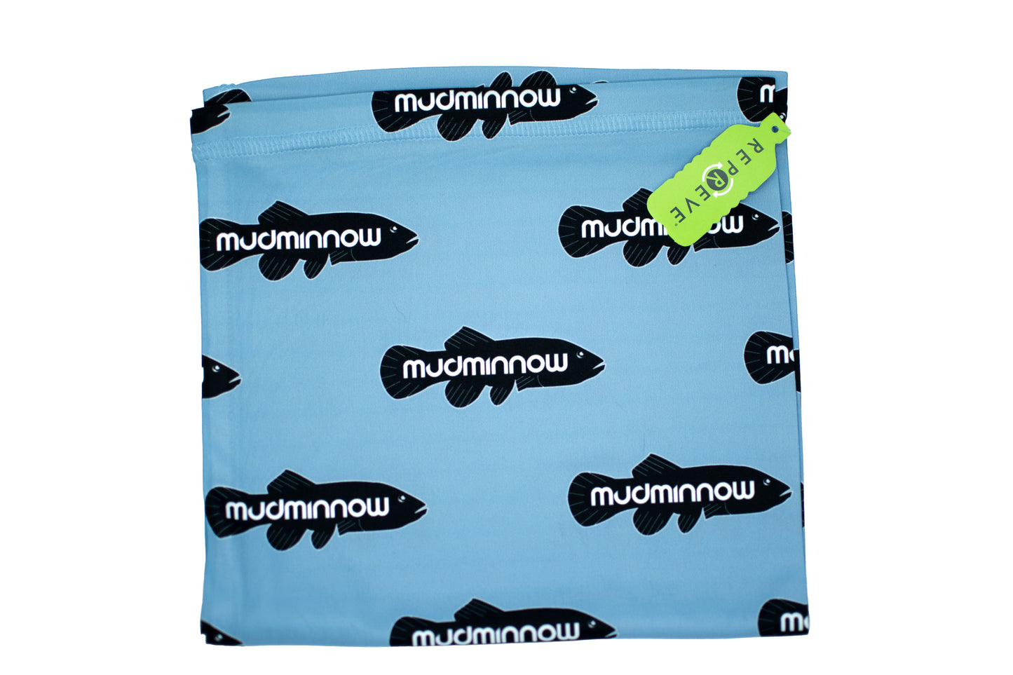 Light blue recycled polyester fishing gaiter with black fish logo all-over print and neon yellow tag