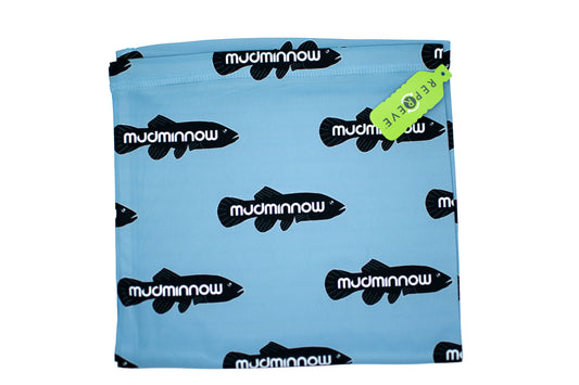 Light blue recycled polyester fishing gaiter with black fish logo all-over print and neon yellow tag