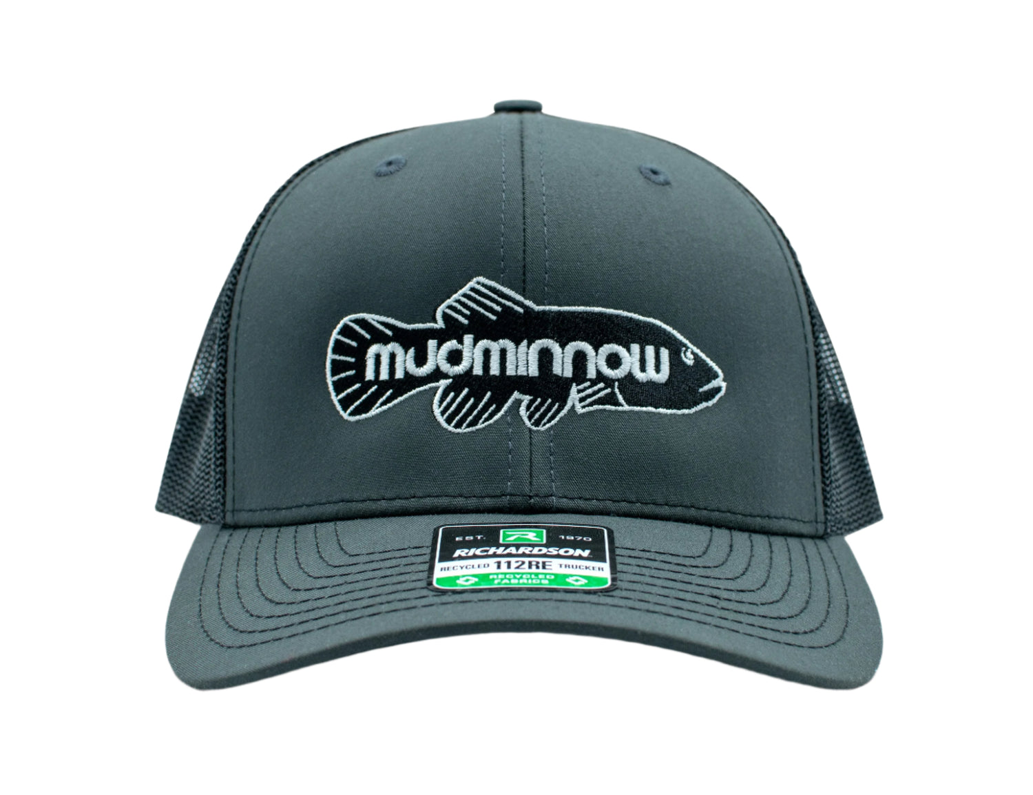 Slate gray Richardson trucker hat with embroidered mudminnow fish logo, front view