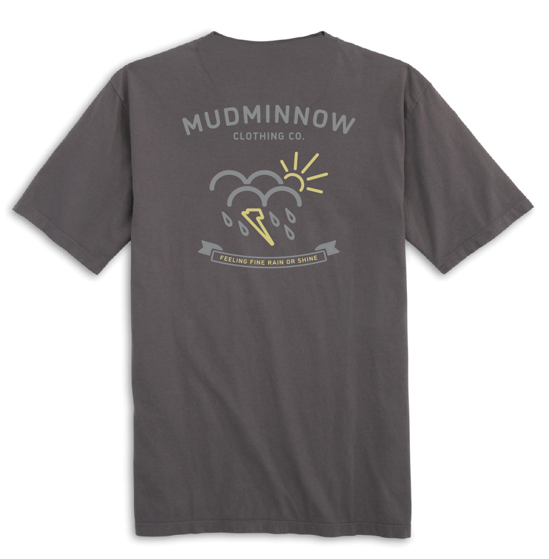 Charcoal gray t-shirt with back graphic featuring weather icon and 'Mudminnow Clothing Co.' branding