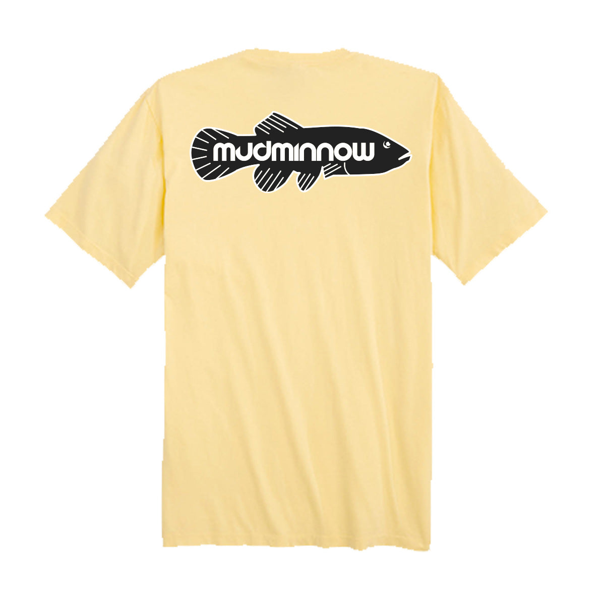 Pale yellow ringspun cotton t-shirt with black Mudminnow fish logo and white text on back